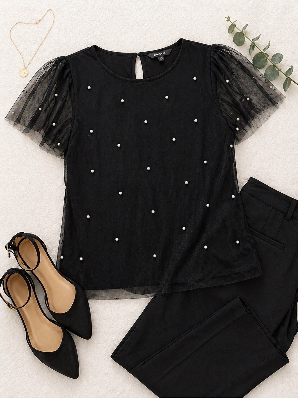 INC International Concepts Black Pearl Embellished Blouse Sheer Sleeve Dressy - Picture 2 of 11